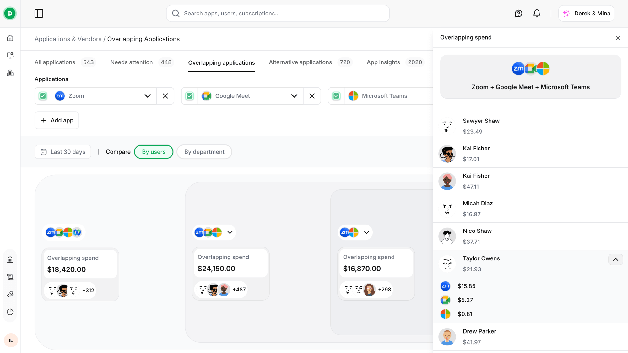Doow overlapping applications view showing Zoom, Google Meet, Microsoft Teams, and Webex with spend comparison.
