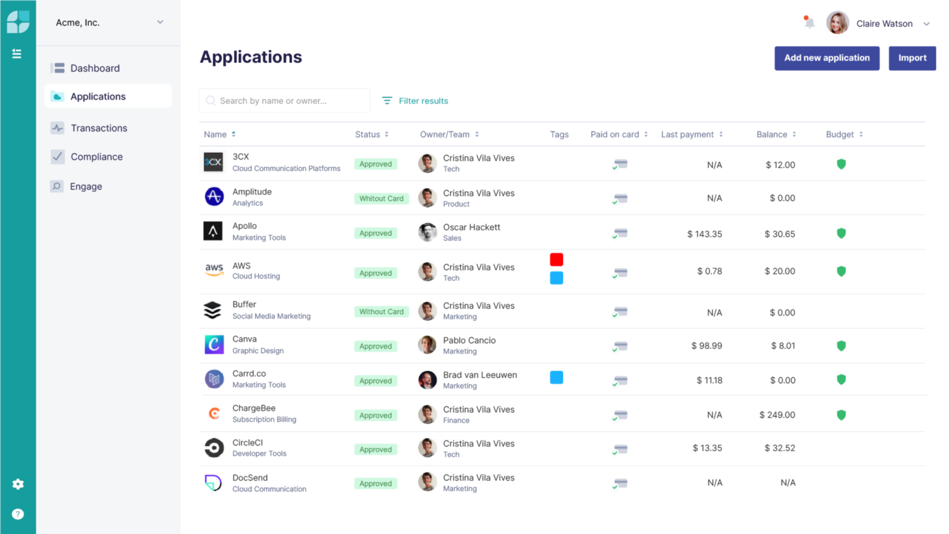 Cledara Applications list view