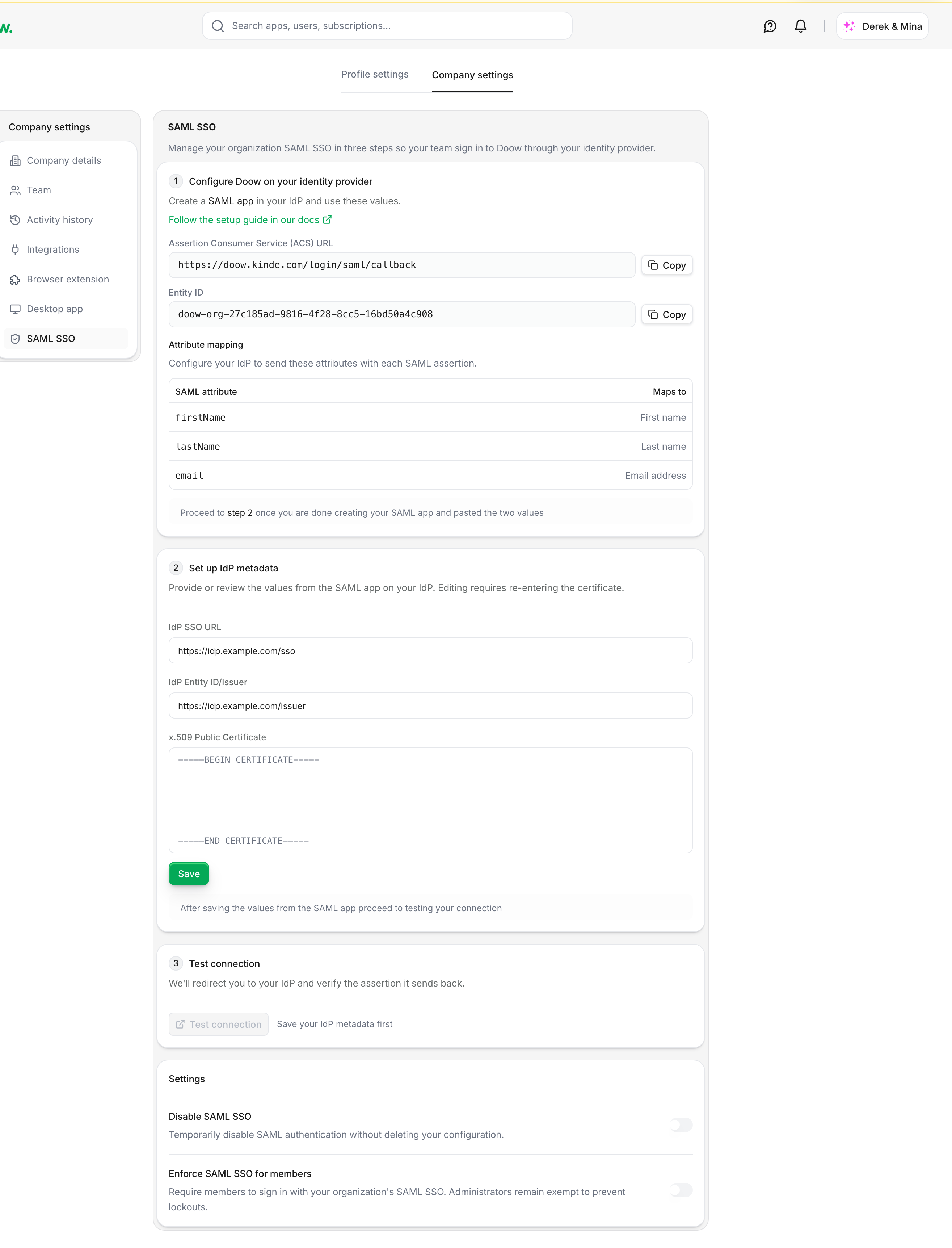 SAML SSO settings page overview