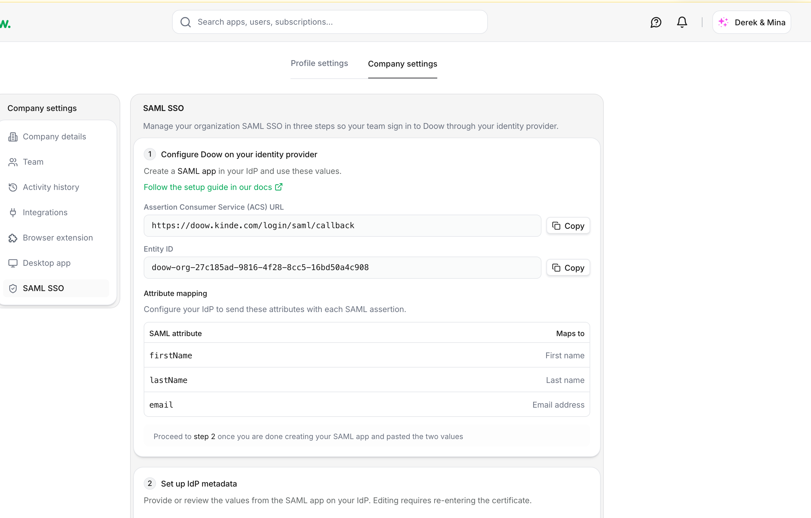 Copy ACS URL and Entity ID from Doow