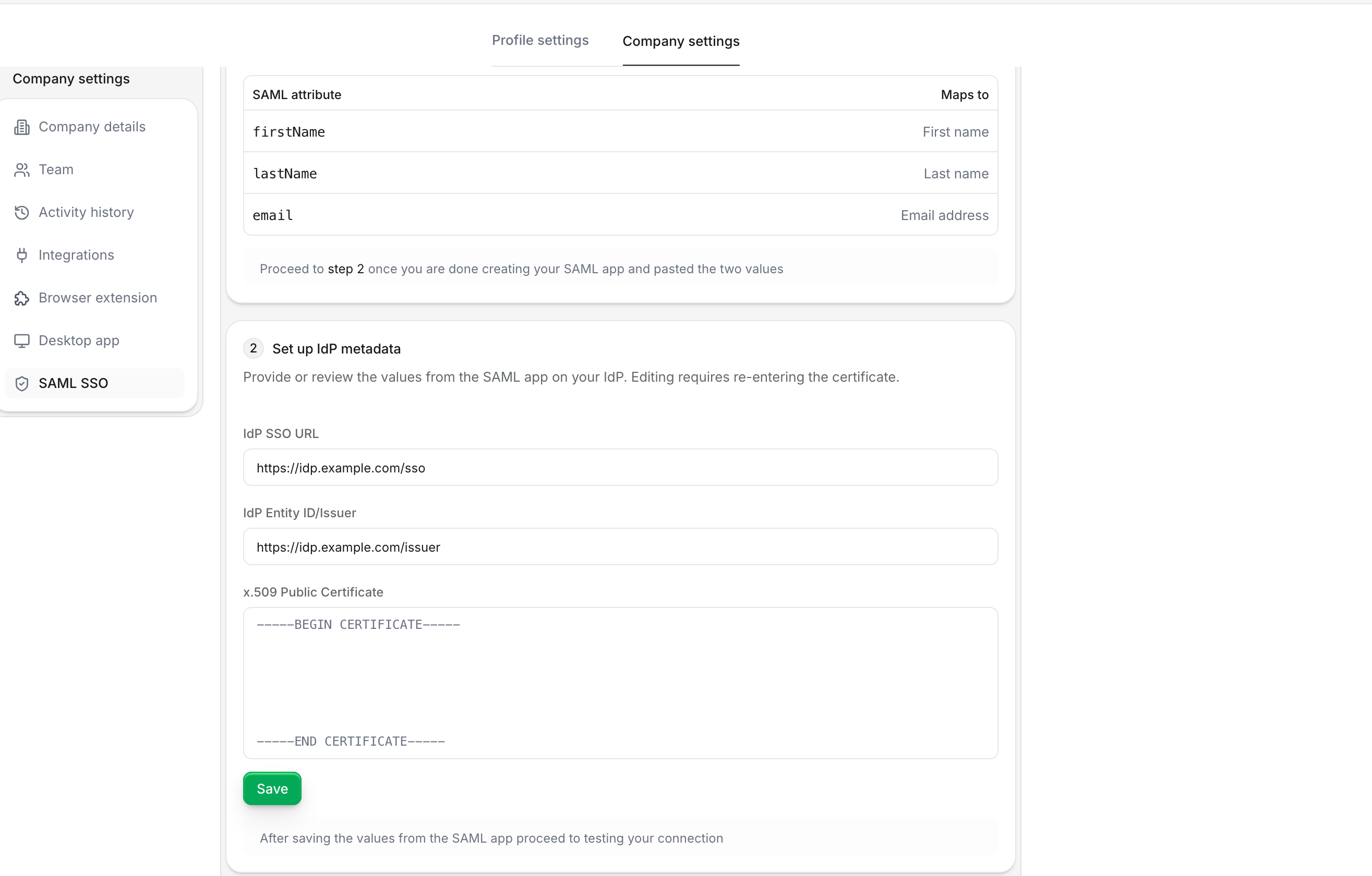 Attribute mapping table showing required SAML attributes