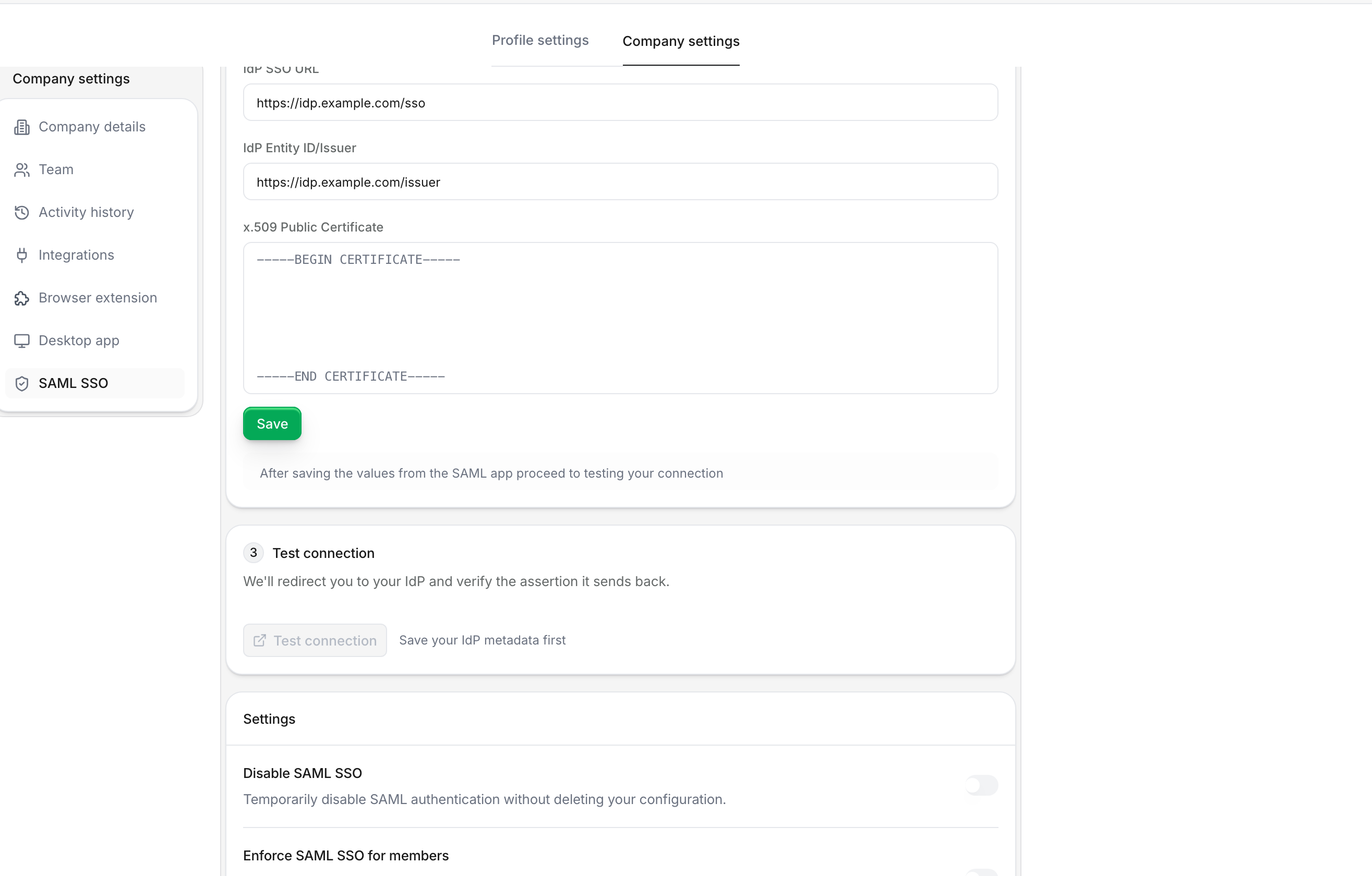 Enter IdP metadata - SSO URL, Entity ID, and certificate