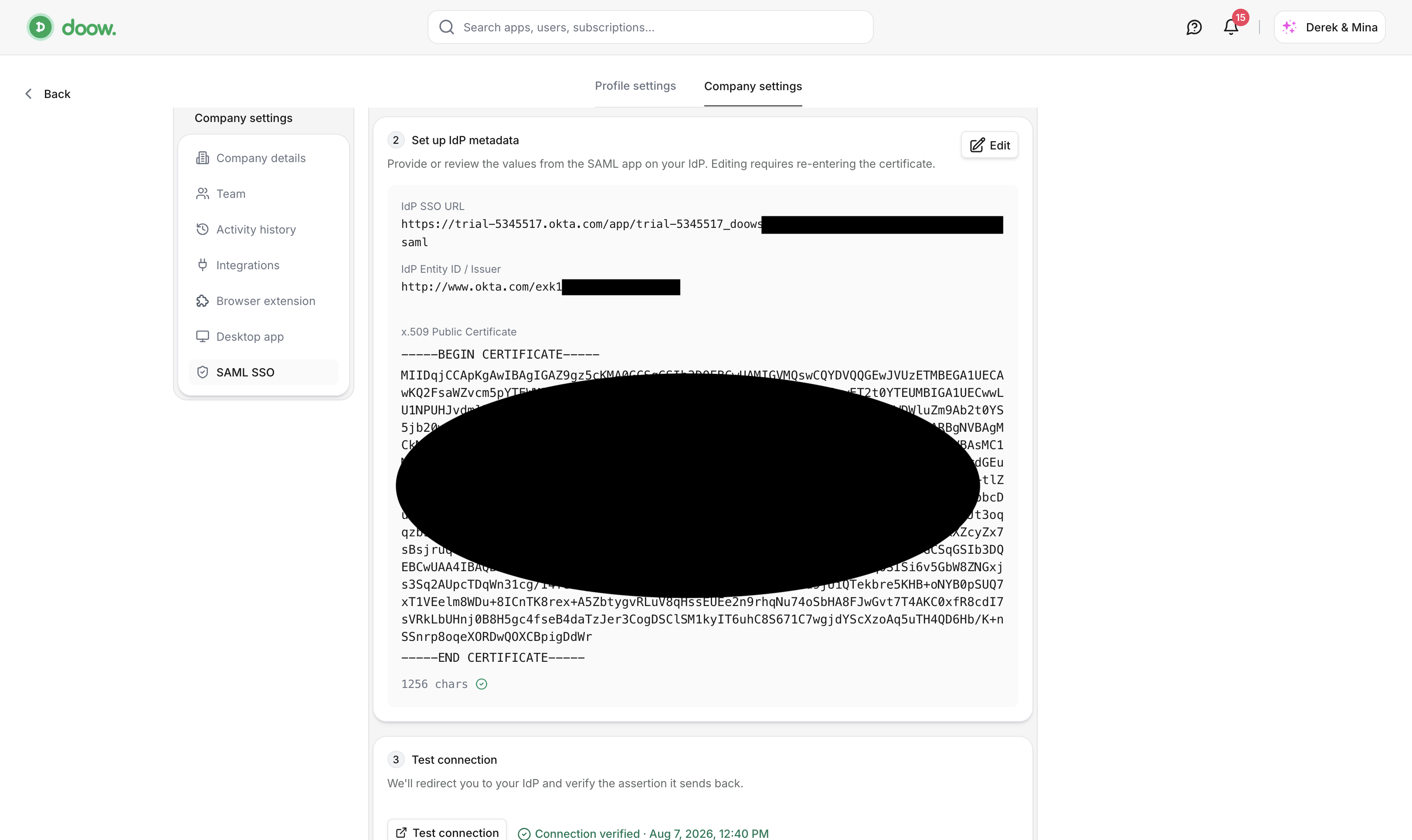 IdP metadata configured and saved