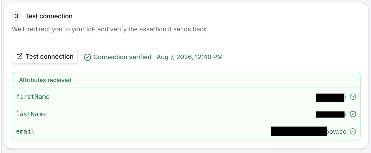 Connection verified with attributes received from IdP