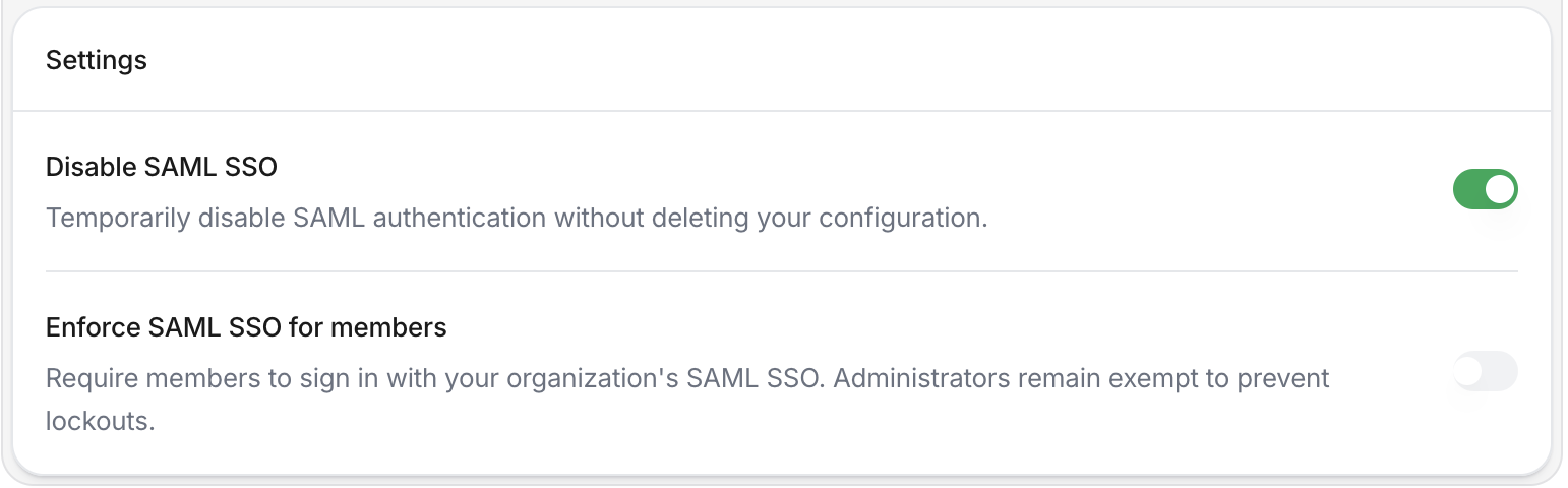 Settings section with disable and enforce options